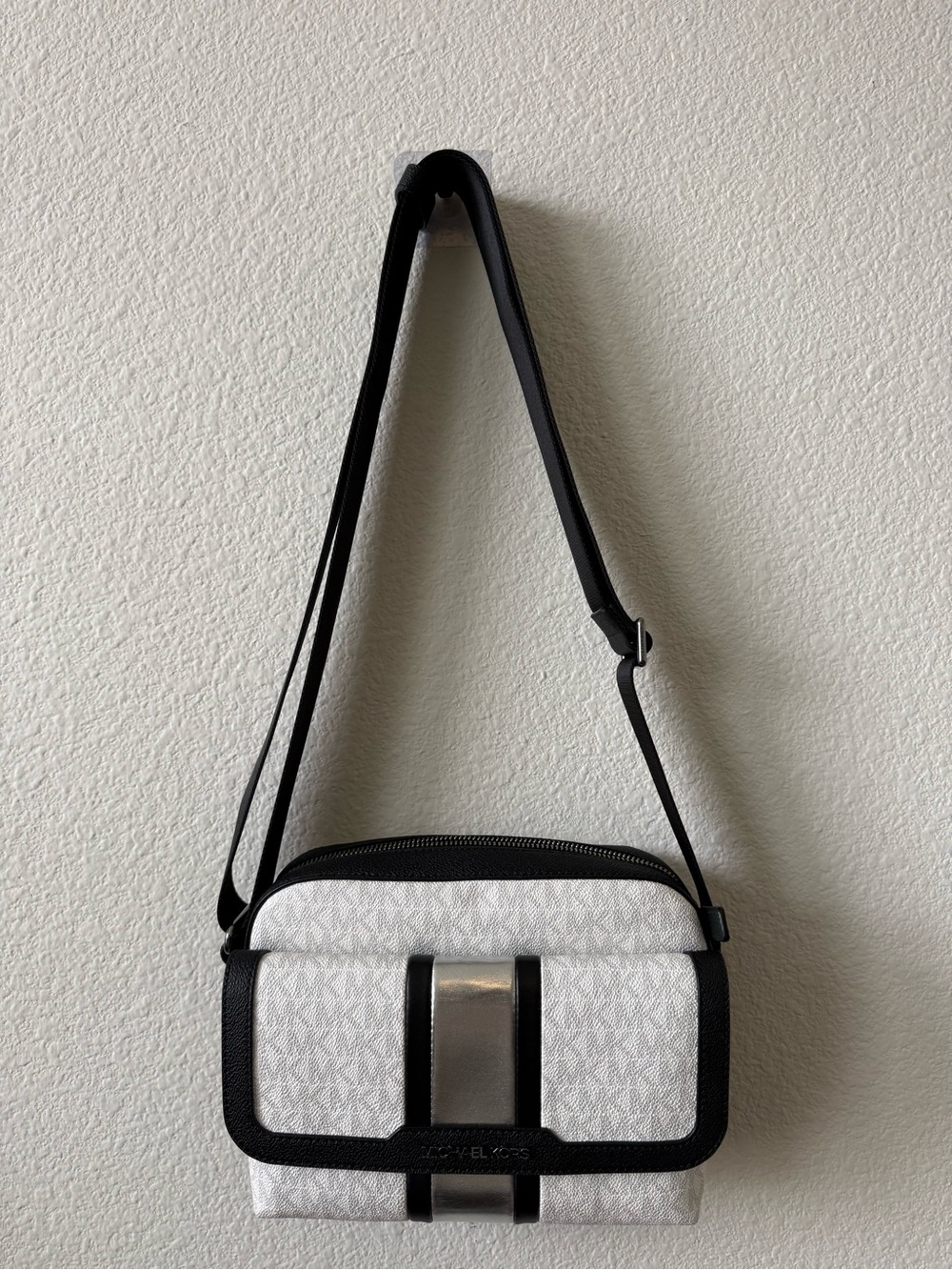 Michael Kors White Logo Crossbody with Black Trim and Silver Accent - Picture 2 of 9